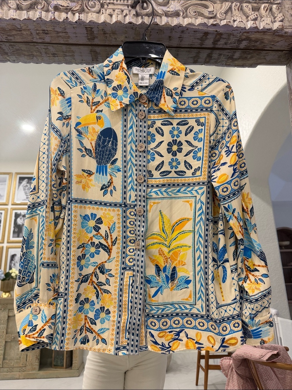 Rachel Zoe Cream, Blue & Yellow Tropical Button-Up